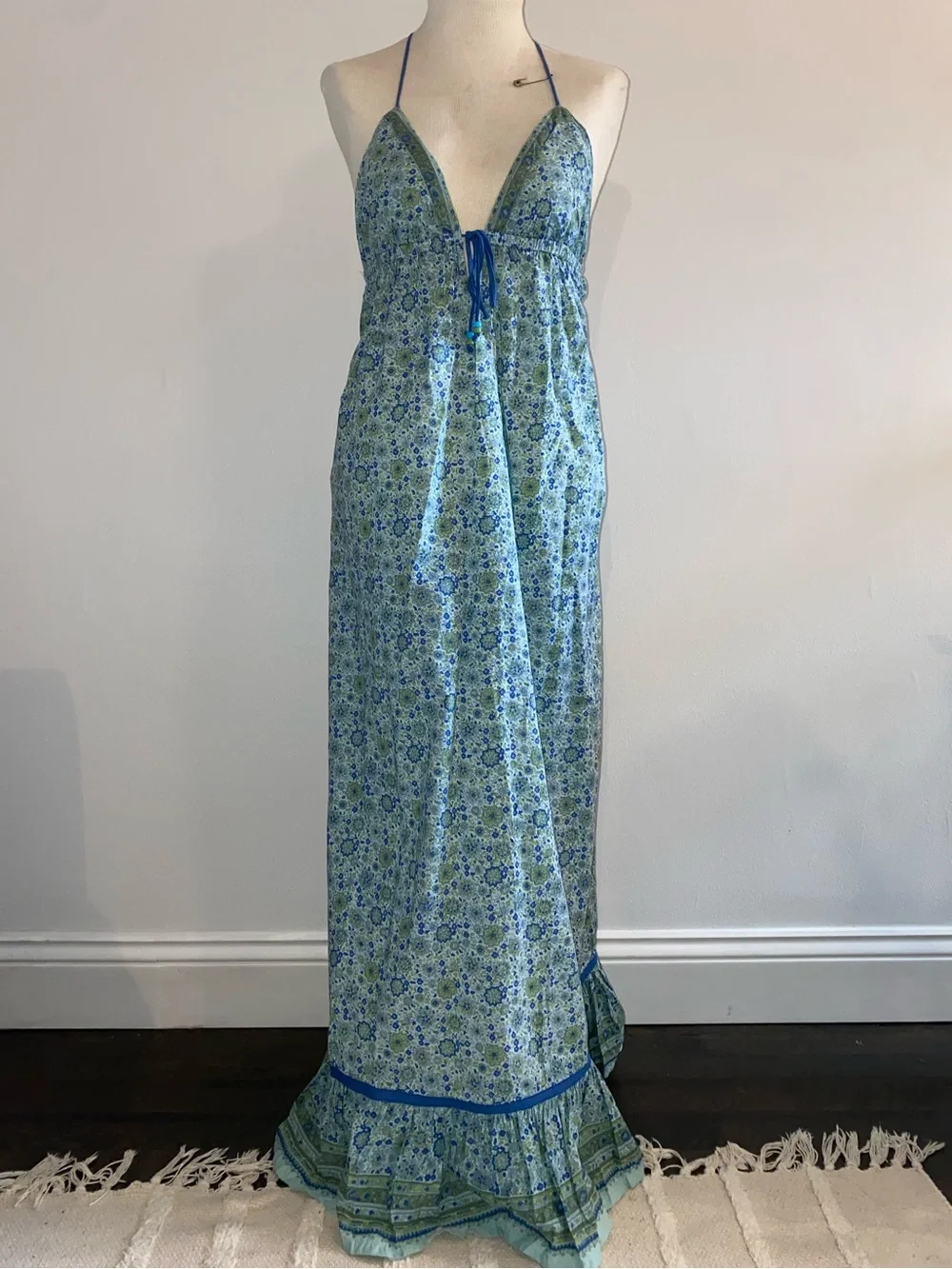 Vintage Blue and Green Floral Halter Cotton Maxi Dress Size S - Picture 1 of 11